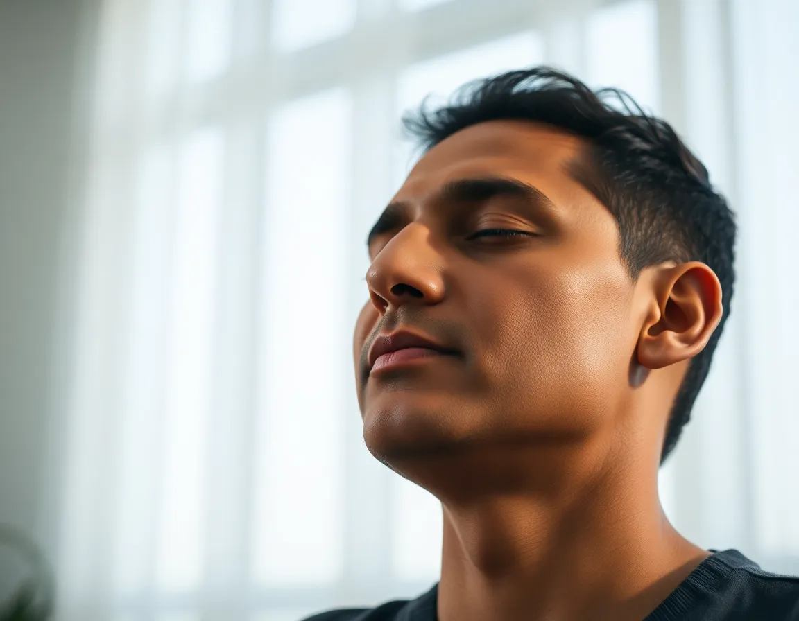 Close up of a person meditating or thinking deeply, symbolizing mindset shift and focus, calm environment