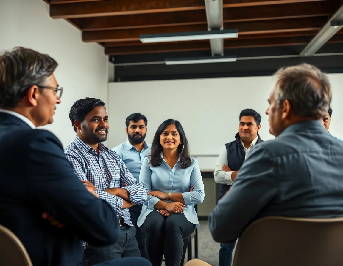 Leadership workshop, diverse group of professionals listening to a mentor, focus on engagement and learning