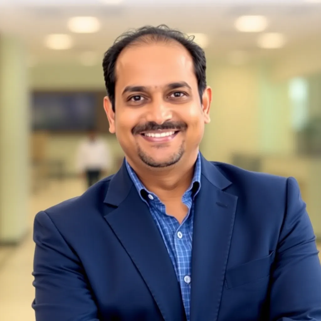 Portrait of Rajesh K, CEO of TechSolutions, smiling confidently