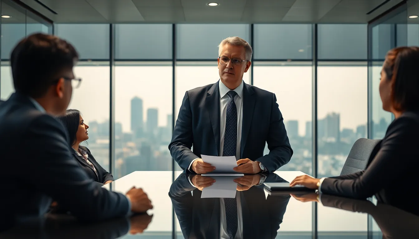 Senior business executive addressing a team in a modern Mumbai boardroom, skyline view, professional lighting